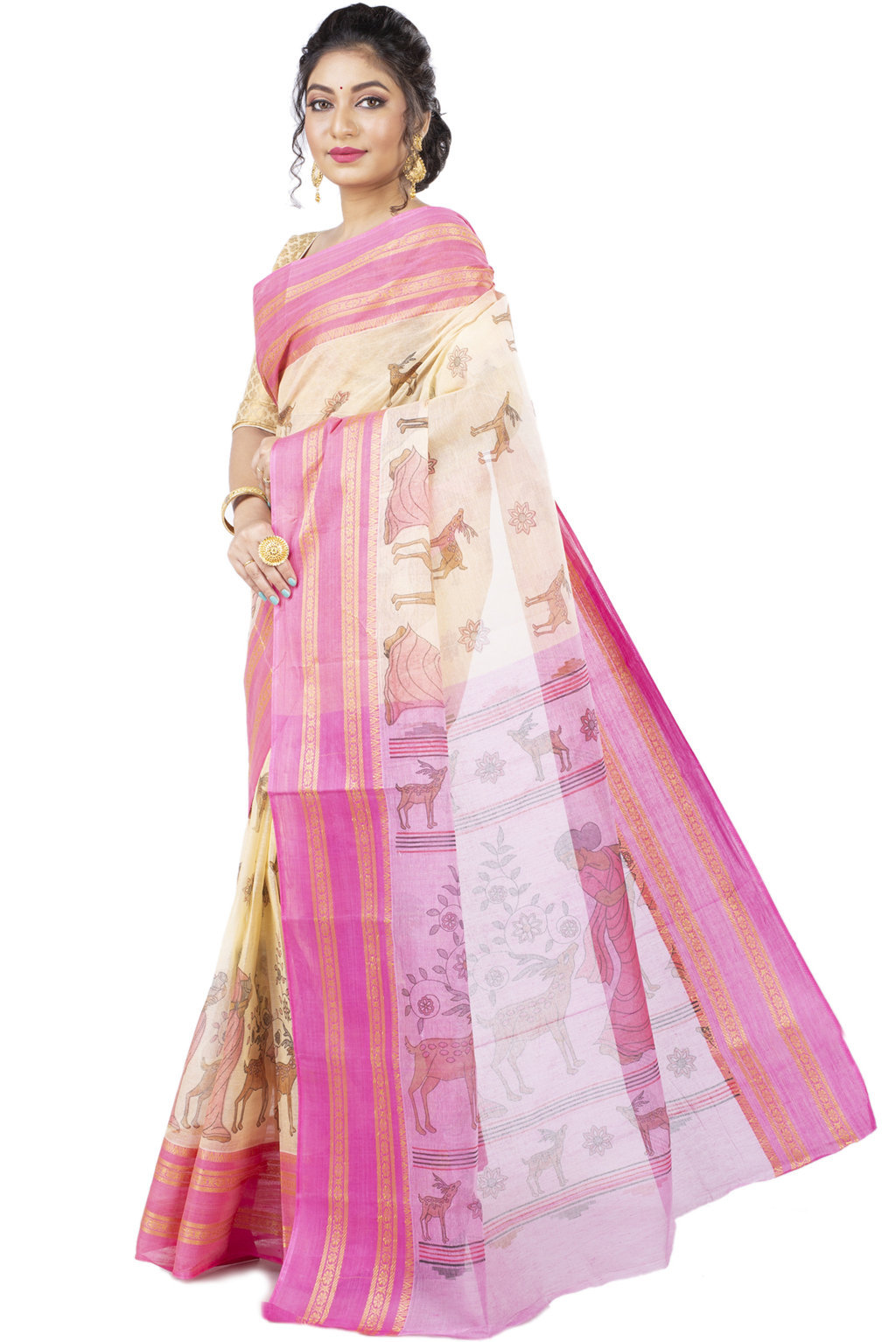 Pink Pure Cotton Sakuntala Tant Saree Print (1855)
